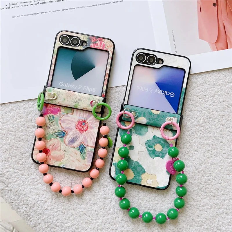 For Samsung Galaxy Z Flip7 FE 5G / Z Flip6 5G Case Floral Pattern PU + PC Protective Phone Cover with Strap - Pink Flower