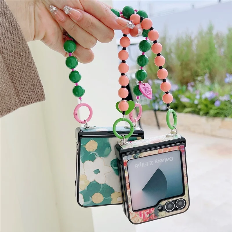 For Samsung Galaxy Z Flip7 FE 5G / Z Flip6 5G Case Floral Pattern PU + PC Protective Phone Cover with Strap - Pink Flower