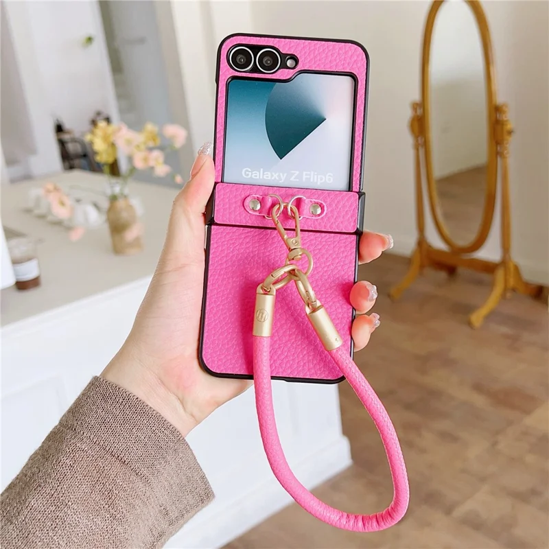 For Samsung Galaxy Z Flip7 FE 5G / Z Flip6 5G Case Litchi Texture PU + PC Phone Back Cover with Strap - Rose