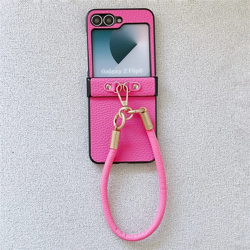 For Samsung Galaxy Z Flip7 FE 5G / Z Flip6 5G Case Litchi Texture PU + PC Phone Back Cover with Strap - Rose