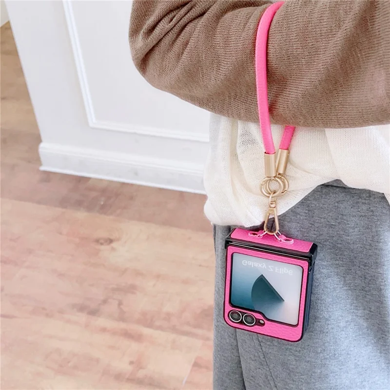 For Samsung Galaxy Z Flip7 FE 5G / Z Flip6 5G Case Litchi Texture PU + PC Phone Back Cover with Strap - Rose