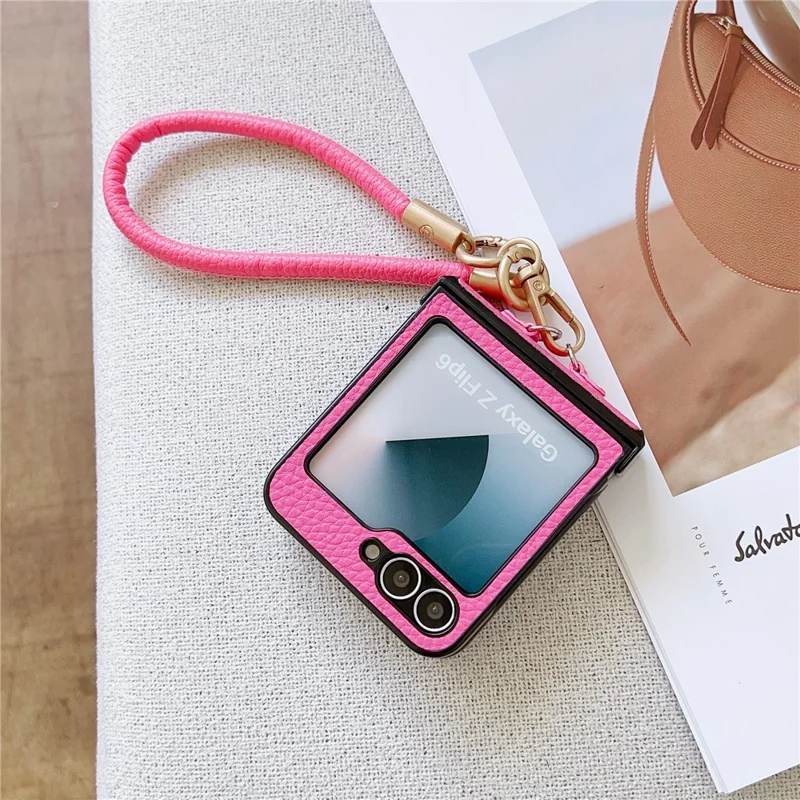 For Samsung Galaxy Z Flip7 FE 5G / Z Flip6 5G Case Litchi Texture PU + PC Phone Back Cover with Strap - Rose