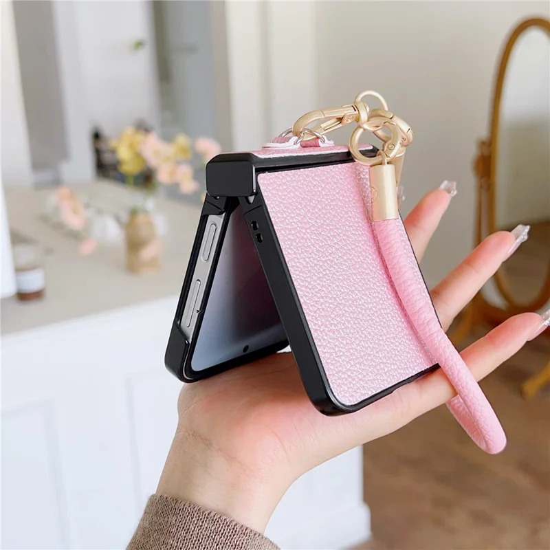 For Samsung Galaxy Z Flip7 FE 5G / Z Flip6 5G Case Litchi Texture PU + PC Phone Back Cover with Strap - Rose