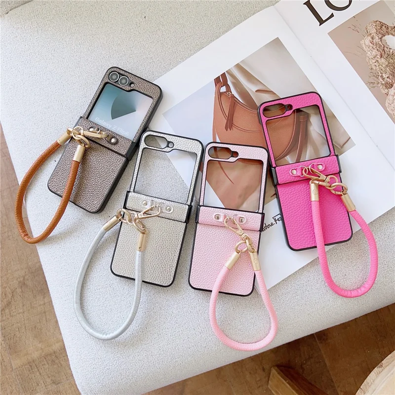 For Samsung Galaxy Z Flip7 FE 5G / Z Flip6 5G Case Litchi Texture PU + PC Phone Back Cover with Strap - Rose