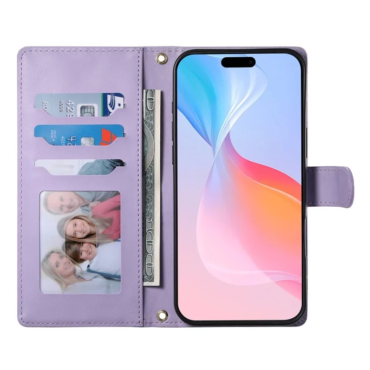 For iPhone 16e Case Rhombus Stitching Wallet Stand Leather Phone Cover with Long  /  Short Strap - Purple