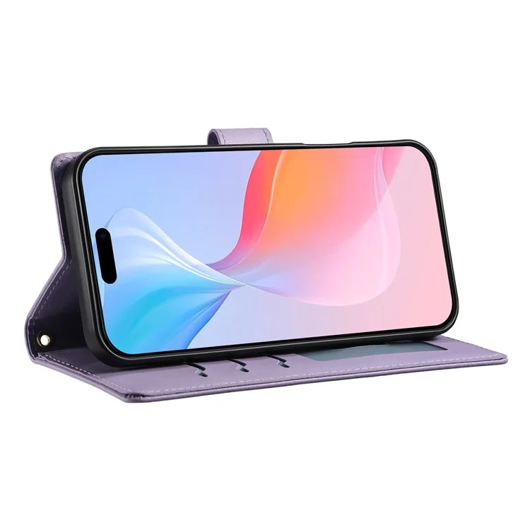 For iPhone 16e Case Rhombus Stitching Wallet Stand Leather Phone Cover with Long  /  Short Strap - Purple