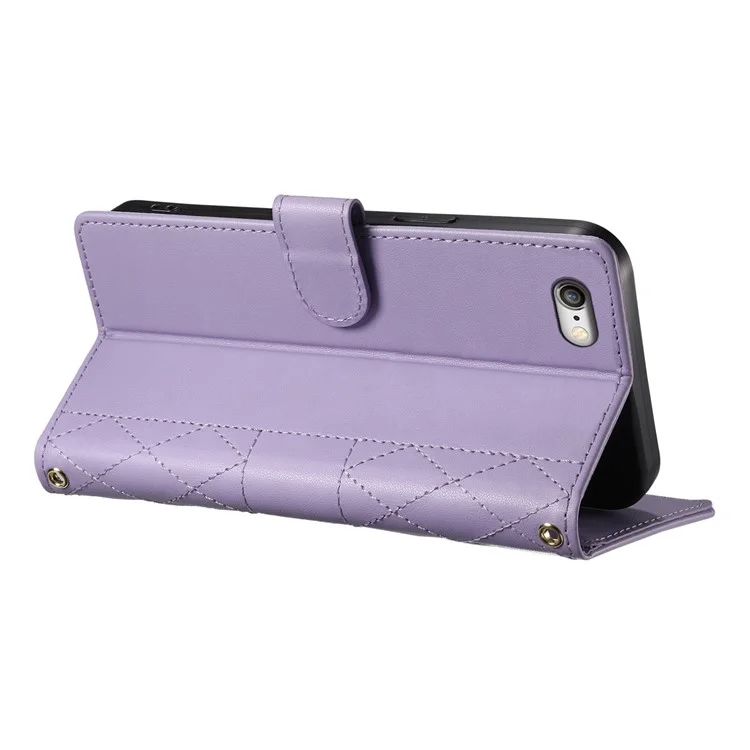 For iPhone 16e Case Rhombus Stitching Wallet Stand Leather Phone Cover with Long  /  Short Strap - Purple