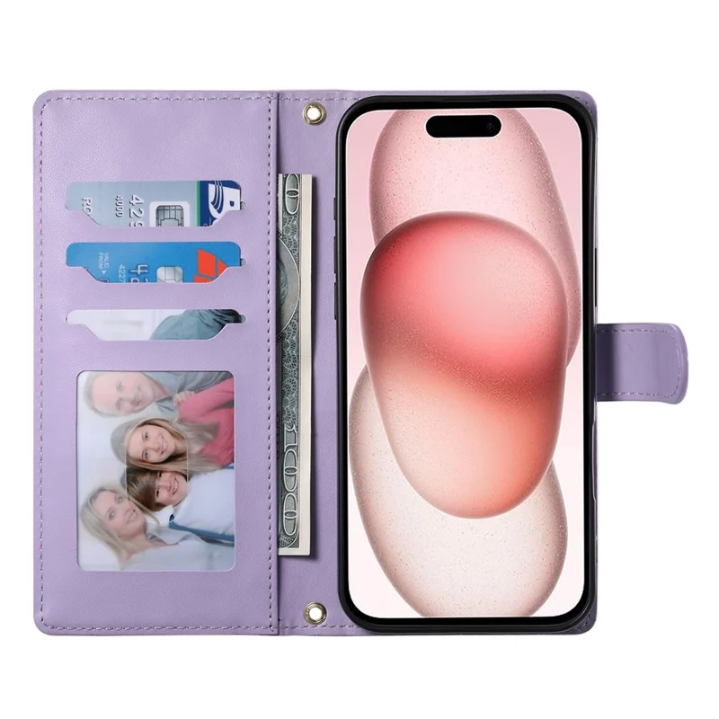 For iPhone 15 Case Rhombus Stitching Wallet Stand Leather Phone Cover with Long  /  Short Strap - Purple