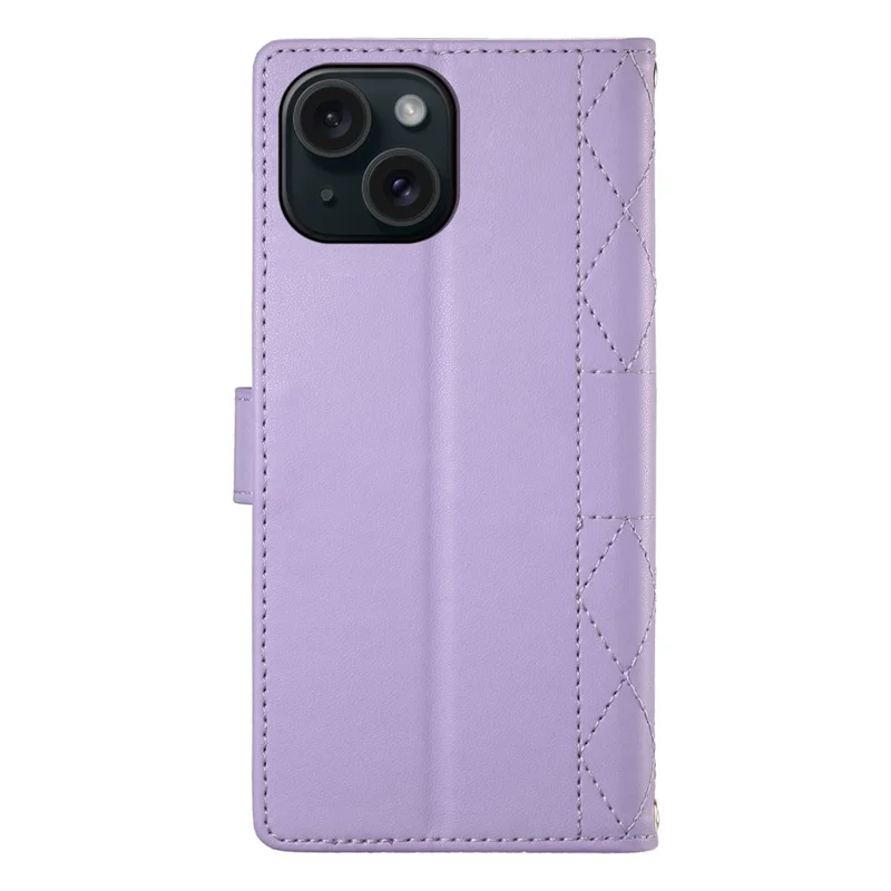 For iPhone 15 Case Rhombus Stitching Wallet Stand Leather Phone Cover with Long  /  Short Strap - Purple