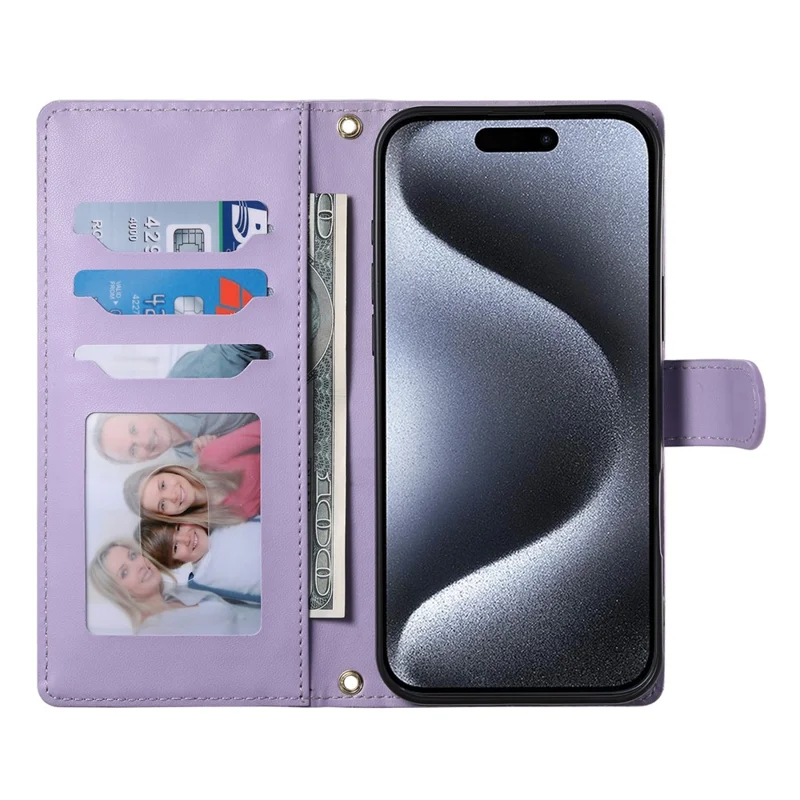 For iPhone 15 Pro Case Rhombus Stitching Wallet Stand Leather Phone Cover with Long  /  Short Strap - Purple