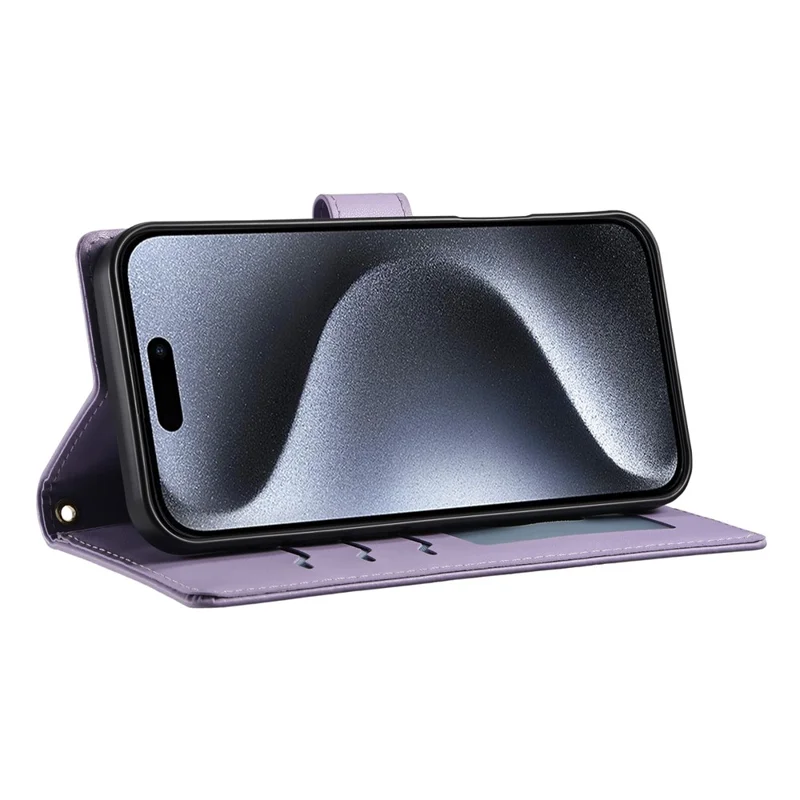 For iPhone 15 Pro Case Rhombus Stitching Wallet Stand Leather Phone Cover with Long  /  Short Strap - Purple