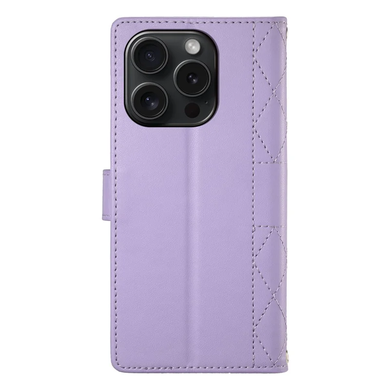 For iPhone 15 Pro Case Rhombus Stitching Wallet Stand Leather Phone Cover with Long  /  Short Strap - Purple