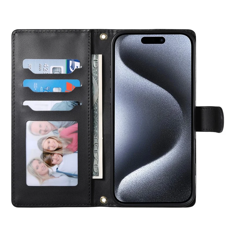 For iPhone 15 Pro Case Rhombus Stitching Wallet Stand Leather Phone Cover with Long  /  Short Strap - Black