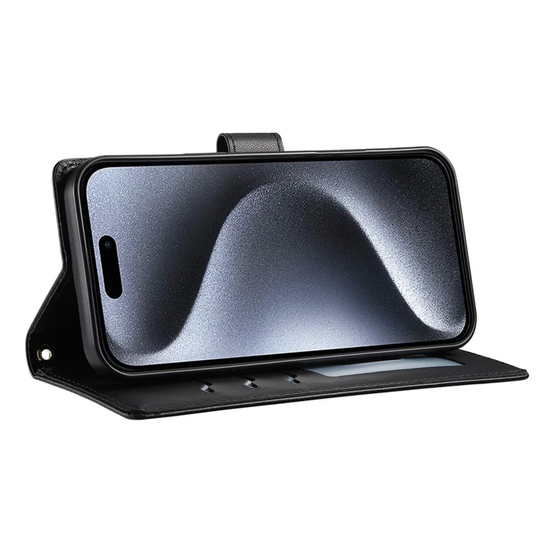 For iPhone 15 Pro Case Rhombus Stitching Wallet Stand Leather Phone Cover with Long  /  Short Strap - Black