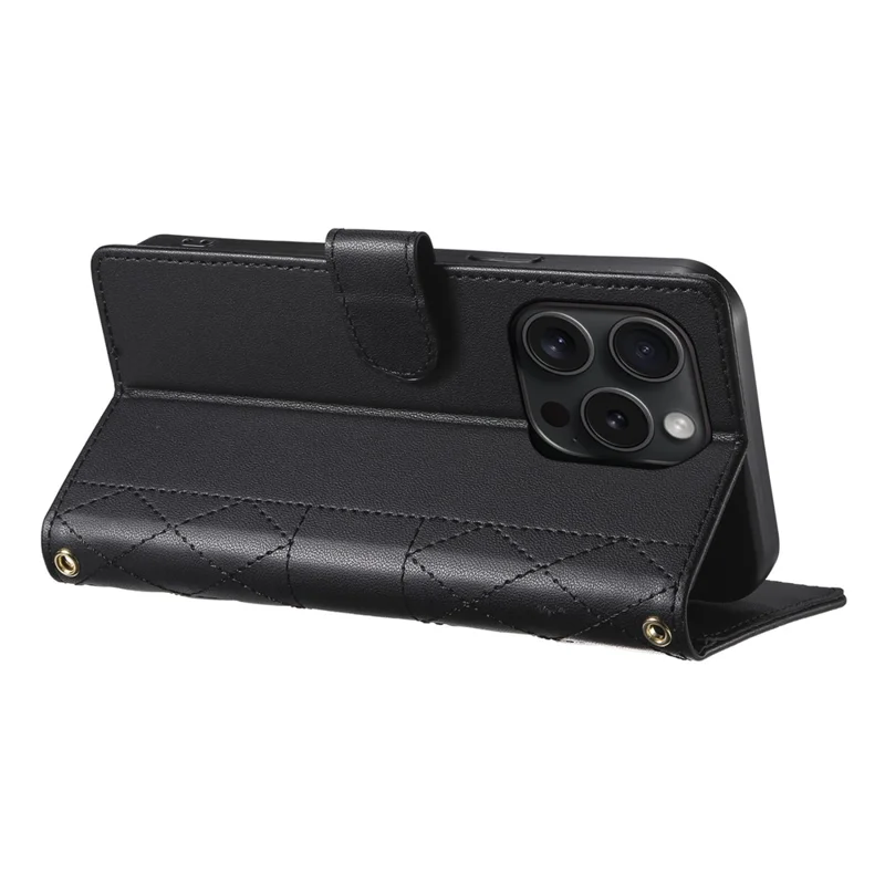 For iPhone 15 Pro Case Rhombus Stitching Wallet Stand Leather Phone Cover with Long  /  Short Strap - Black