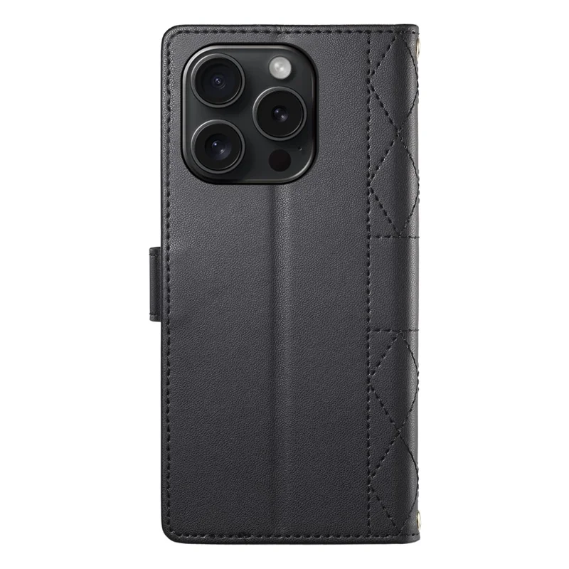 For iPhone 15 Pro Case Rhombus Stitching Wallet Stand Leather Phone Cover with Long  /  Short Strap - Black