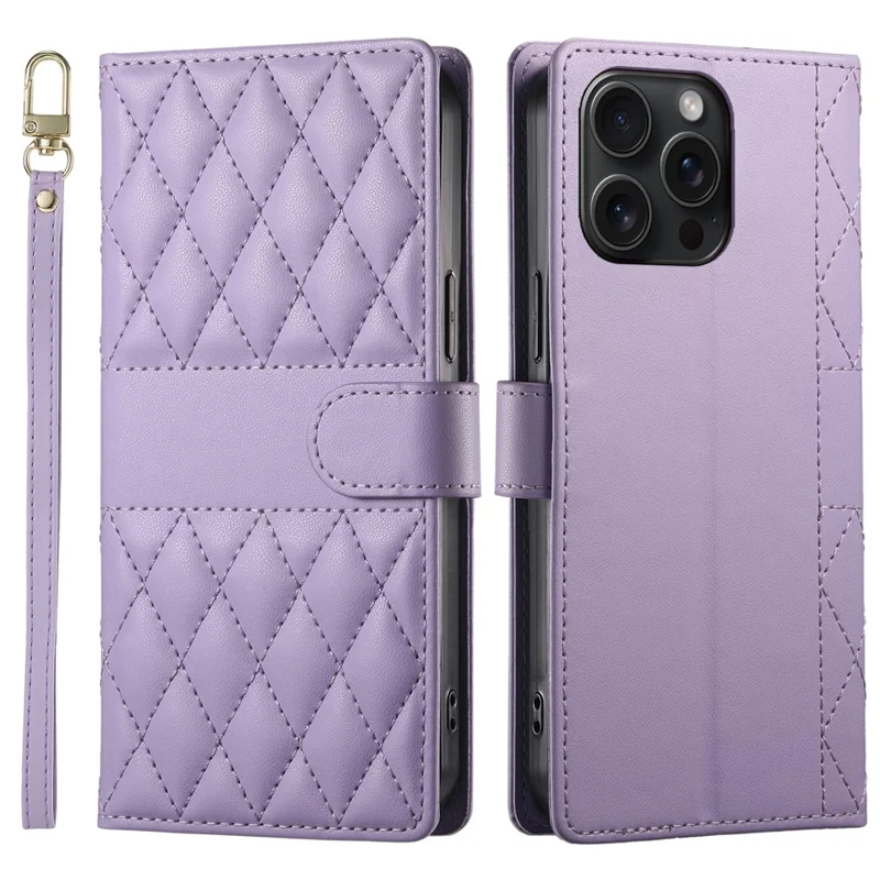 Cover a portafoglio per iPhone 15 Pro Max con design a rombi, supporto e cinghia lunga/corta - Viola