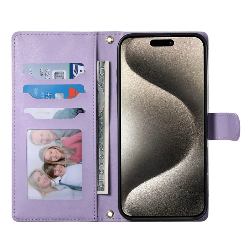 Cover a portafoglio per iPhone 15 Pro Max con design a rombi, supporto e cinghia lunga/corta - Viola