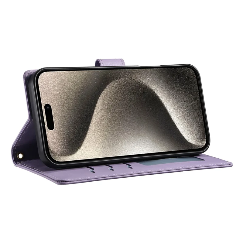 Cover a portafoglio per iPhone 15 Pro Max con design a rombi, supporto e cinghia lunga/corta - Viola