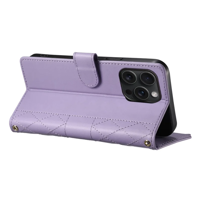 Cover a portafoglio per iPhone 15 Pro Max con design a rombi, supporto e cinghia lunga/corta - Viola