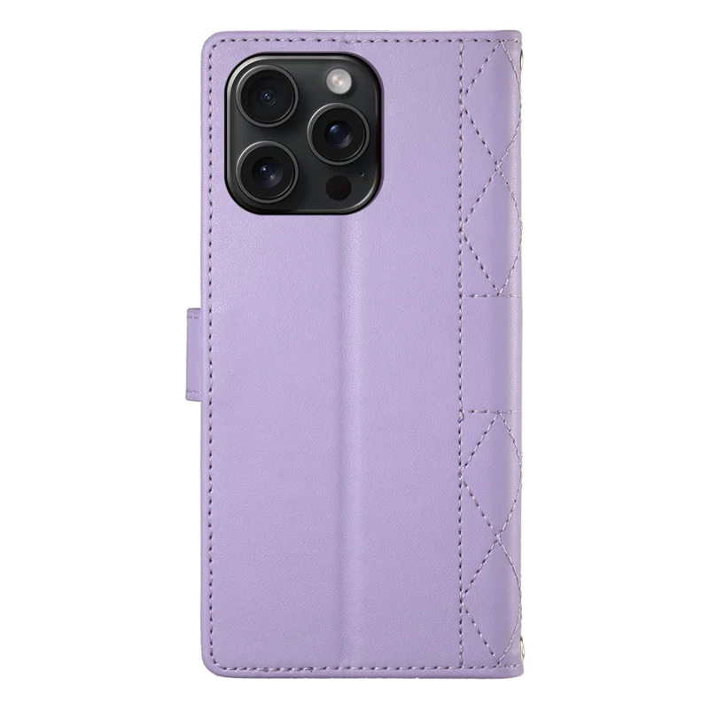 Cover a portafoglio per iPhone 15 Pro Max con design a rombi, supporto e cinghia lunga/corta - Viola