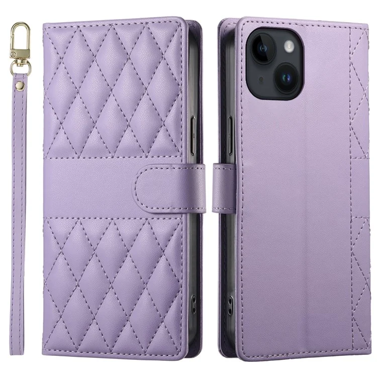 iPhone 14 Hülle Rauten-Steppung Brieftasche Ständer Lederhülle mit langem / kurzem Trageriemen - Lila