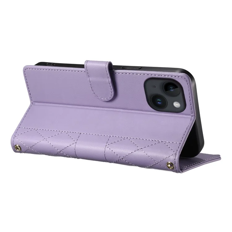 iPhone 14 Hülle Rauten-Steppung Brieftasche Ständer Lederhülle mit langem / kurzem Trageriemen - Lila