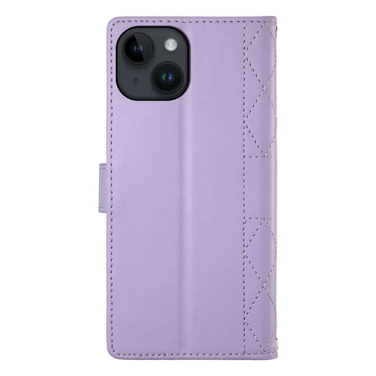 iPhone 14 Hülle Rauten-Steppung Brieftasche Ständer Lederhülle mit langem / kurzem Trageriemen - Lila
