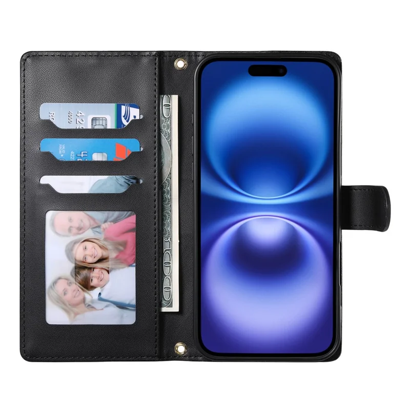 For iPhone 14 Case Rhombus Stitching Wallet Stand Leather Phone Cover with Long  /  Short Strap - Black