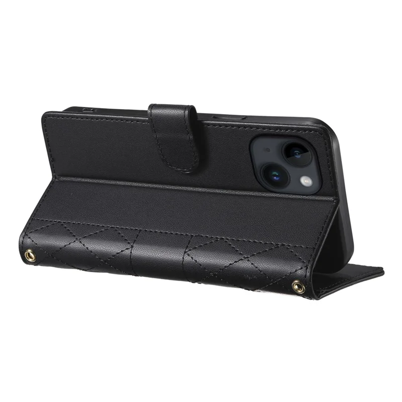 For iPhone 14 Case Rhombus Stitching Wallet Stand Leather Phone Cover with Long  /  Short Strap - Black