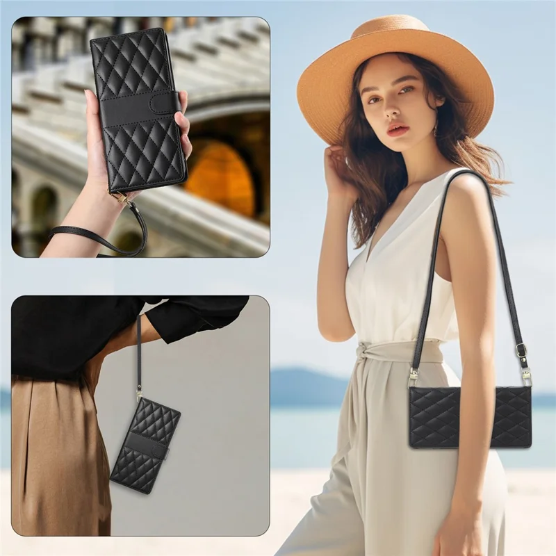 For iPhone 14 Case Rhombus Stitching Wallet Stand Leather Phone Cover with Long  /  Short Strap - Black