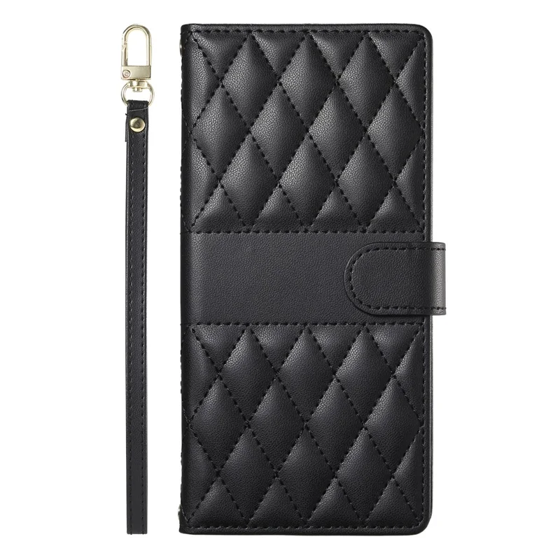 For iPhone 14 Case Rhombus Stitching Wallet Stand Leather Phone Cover with Long  /  Short Strap - Black