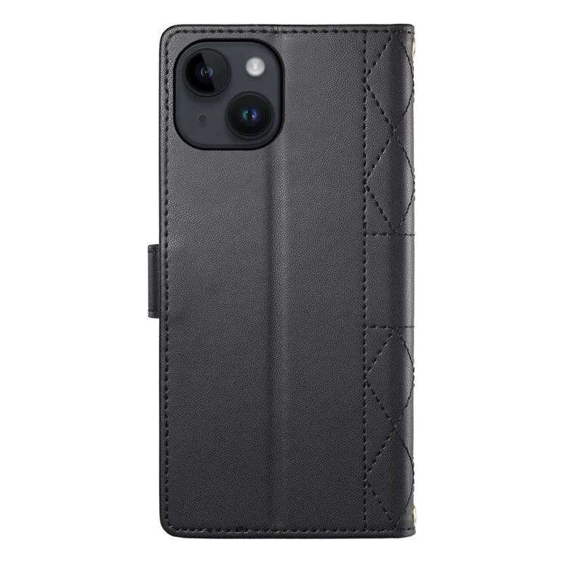 For iPhone 14 Case Rhombus Stitching Wallet Stand Leather Phone Cover with Long  /  Short Strap - Black