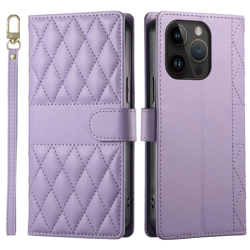 For iPhone 14 Pro Case Rhombus Stitching Wallet Stand Leather Phone Cover with Long  /  Short Strap - Purple