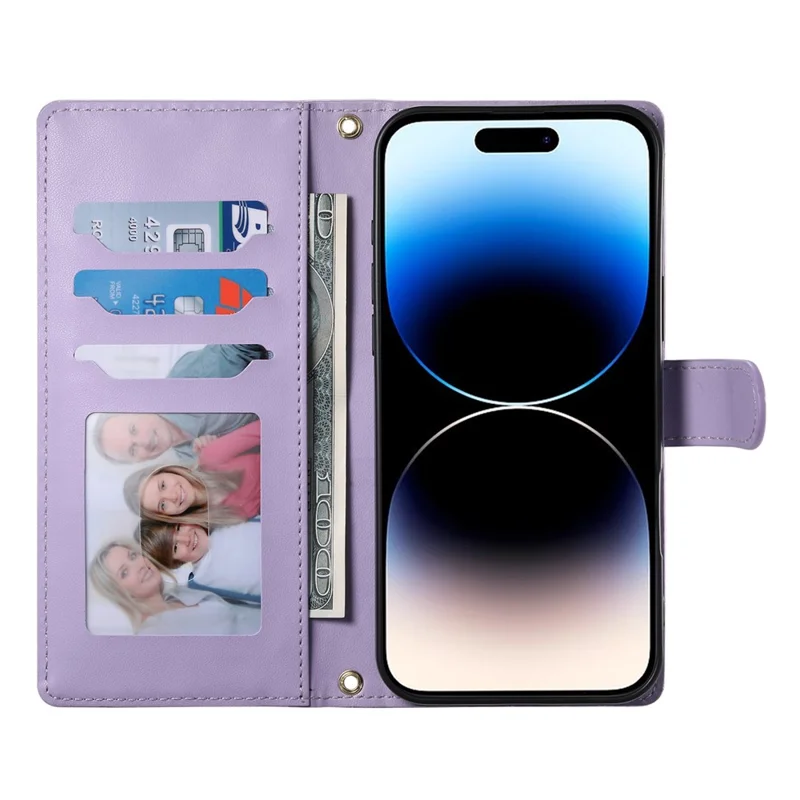 For iPhone 14 Pro Case Rhombus Stitching Wallet Stand Leather Phone Cover with Long  /  Short Strap - Purple