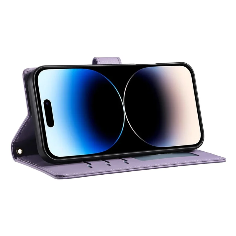 For iPhone 14 Pro Case Rhombus Stitching Wallet Stand Leather Phone Cover with Long  /  Short Strap - Purple