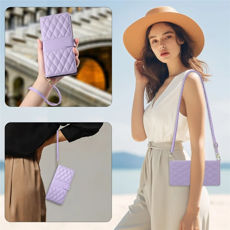 For iPhone 14 Pro Case Rhombus Stitching Wallet Stand Leather Phone Cover with Long  /  Short Strap - Purple
