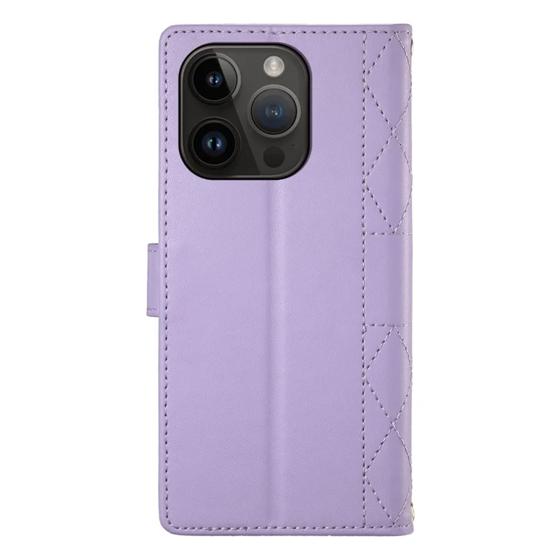 For iPhone 14 Pro Case Rhombus Stitching Wallet Stand Leather Phone Cover with Long  /  Short Strap - Purple