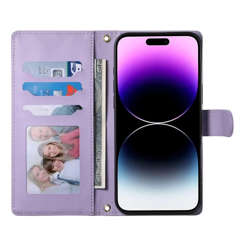 For iPhone 14 Pro Max Case Rhombus Stitching Wallet Stand Leather Phone Cover with Long  /  Short Strap - Purple