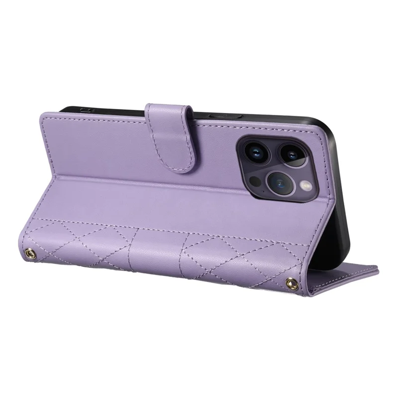 For iPhone 14 Pro Max Case Rhombus Stitching Wallet Stand Leather Phone Cover with Long  /  Short Strap - Purple