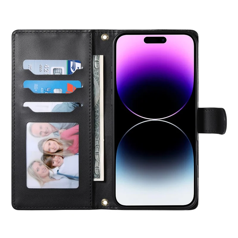 For iPhone 14 Pro Max Case Rhombus Stitching Wallet Stand Leather Phone Cover with Long  /  Short Strap - Black