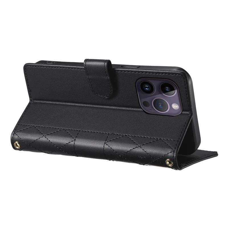 For iPhone 14 Pro Max Case Rhombus Stitching Wallet Stand Leather Phone Cover with Long  /  Short Strap - Black