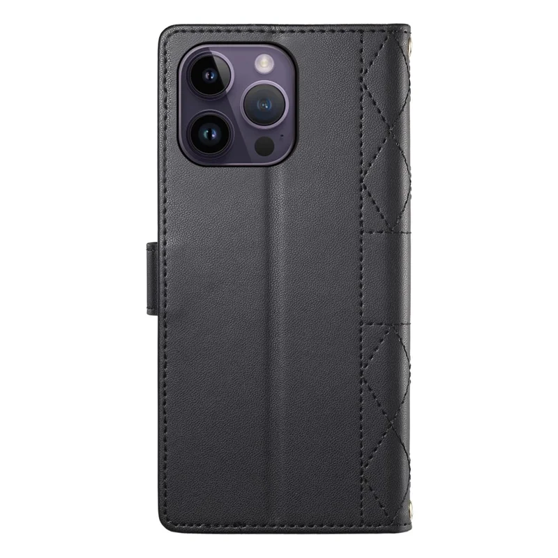For iPhone 14 Pro Max Case Rhombus Stitching Wallet Stand Leather Phone Cover with Long  /  Short Strap - Black