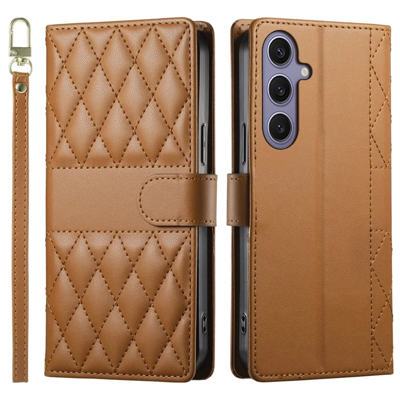For Samsung Galaxy S25+  /  S24+ Case Rhombus Stitching Wallet Stand Leather Phone Cover with Long  /  Short Strap - Brown
