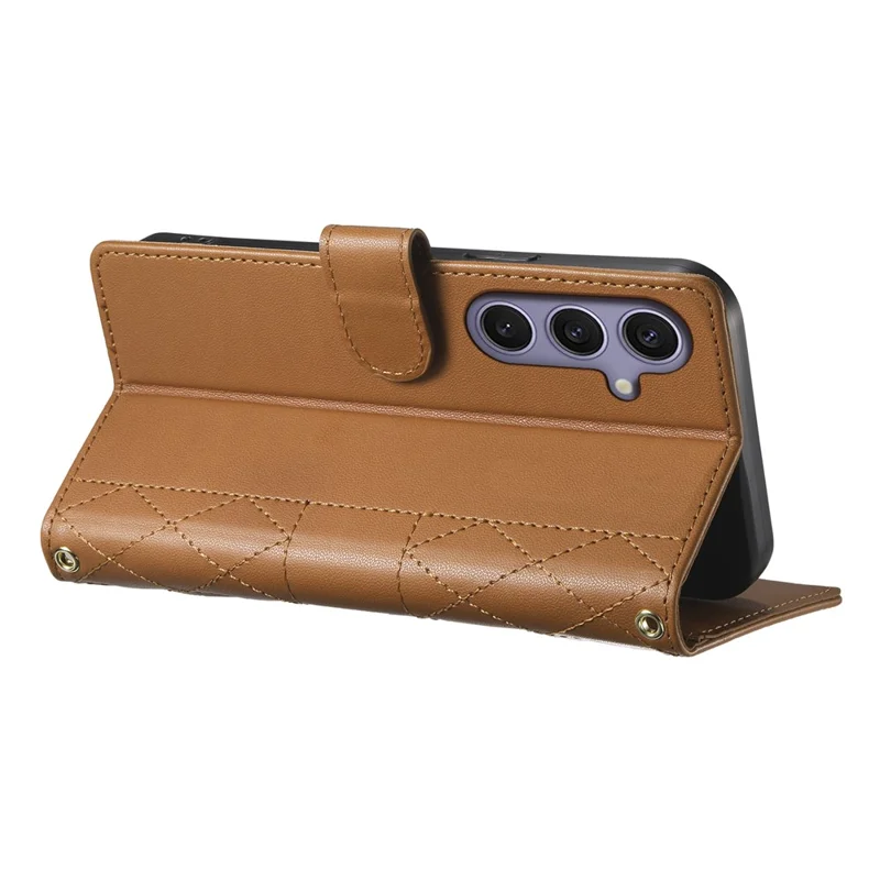 For Samsung Galaxy S25+  /  S24+ Case Rhombus Stitching Wallet Stand Leather Phone Cover with Long  /  Short Strap - Brown