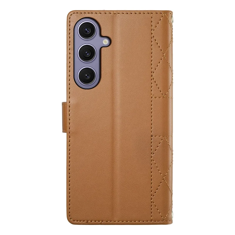 For Samsung Galaxy S25+  /  S24+ Case Rhombus Stitching Wallet Stand Leather Phone Cover with Long  /  Short Strap - Brown