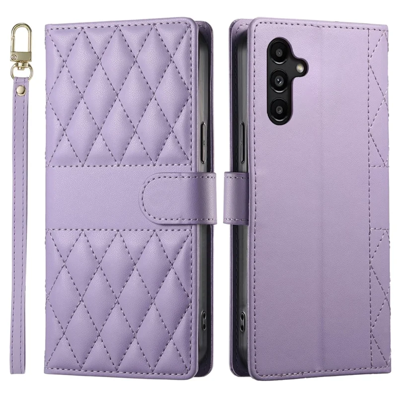 For Samsung Galaxy A15 5G  /  4G Case Rhombus Stitching Wallet Stand Leather Phone Cover with Long  /  Short Strap - Purple