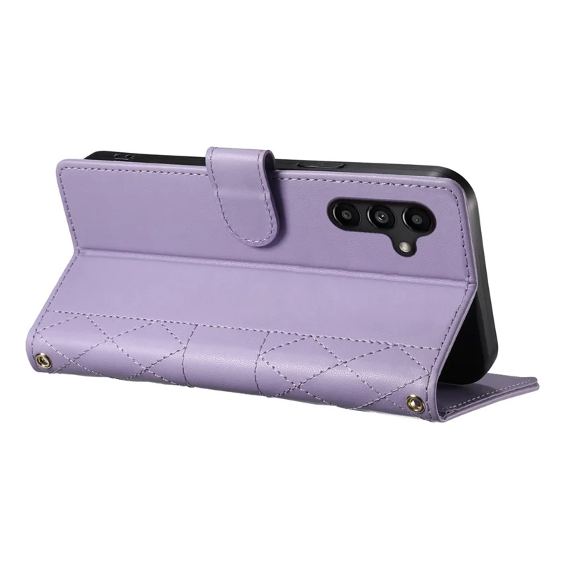 For Samsung Galaxy A15 5G  /  4G Case Rhombus Stitching Wallet Stand Leather Phone Cover with Long  /  Short Strap - Purple