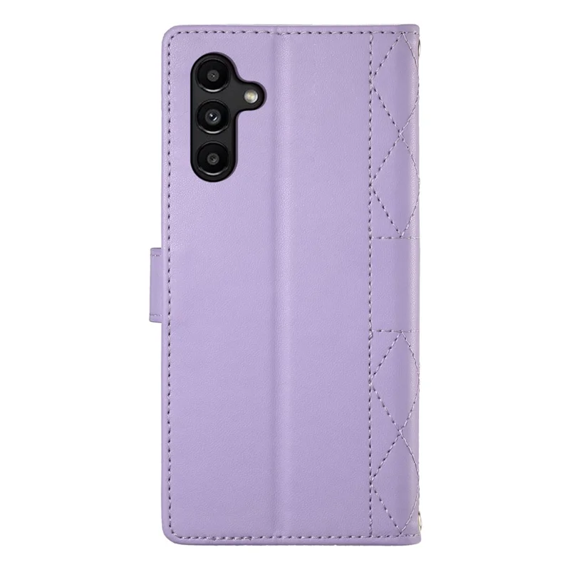 For Samsung Galaxy A15 5G  /  4G Case Rhombus Stitching Wallet Stand Leather Phone Cover with Long  /  Short Strap - Purple