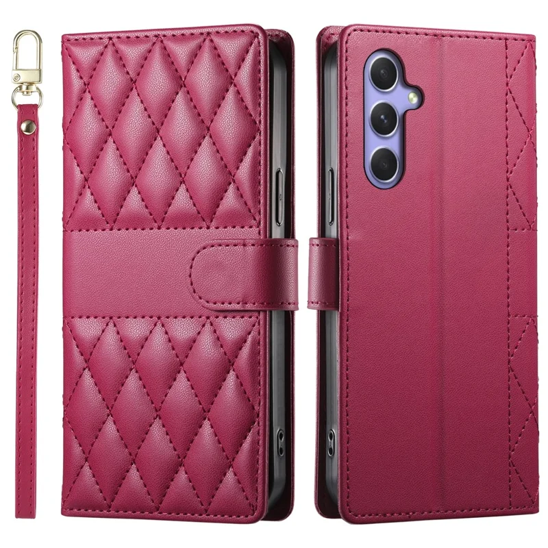 For Samsung Galaxy A55 5G Case Rhombus Stitching Wallet Stand Leather Phone Cover with Long  /  Short Strap - Red